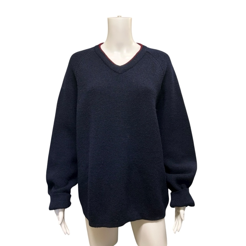Vintage North Country Wool Blue Red Line V-neck Heavy Knit Sweater Size L